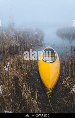Gelbes Kajak im Schilf am Ufer des Sees an einem nebeligen Tag Stockfoto