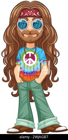 Farbenfroher Hippie mit Friedensschild und Sonnenbrille. Stock Vektor