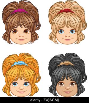 Vier Zeichentrickmädchen mit verschiedenen Frisuren und Farben. Stock Vektor