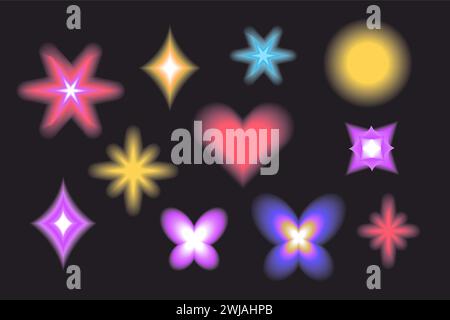 Aura Y2K verschwommenes Gragient setzt unfokussierte Formen, abstrakte geometrische Formen, Stern, Herz, Blume im trendigen Retro-Stil. Futuristische Kollektion. Vektorabbildung Stock Vektor