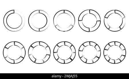 Set aus Kreisdiagrammen mit verschiedenen Farben. Verschiedene Sektoren unterteilen den Kreis in gleiche Teile. Stock Vektor