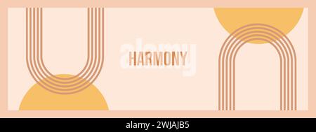 Minimalistische geometrische Zen-Bogen-Bannervorlage mit Text - Harmony. Abstrakte Boho-Formen in Retro-Ästhetik für vielseitige Designanwendungen. Vektordecke Stock Vektor