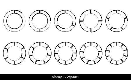Set aus Kreisdiagrammen mit verschiedenen Farben. Verschiedene Sektoren unterteilen den Kreis in gleiche Teile. Stock Vektor