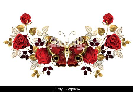 Symmetrische Blumenanordnung von roten, blühenden Rosen mit Goldschmuck, Blättern und Stielen und detailliertem, rotem PfauenSchmetterling auf weißem Hintergrund. Rot Stock Vektor
