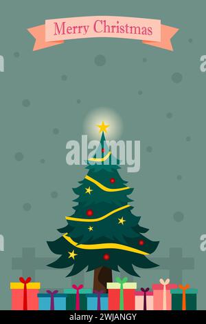 Frohe Weihnachten Hintergrund mit Weihnachtsbaum, Geschenk und Schnee. Abbildung des vertikalen Vektors. Stock Vektor
