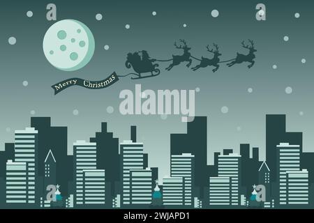 Frohe Weihnachten Hintergrund mit Weihnachtsmann, der in der Nacht mit Rentieren über den Himmel fliegt, bei Vollmond, Schnee und Stadt. Vektorabbildung. Stock Vektor