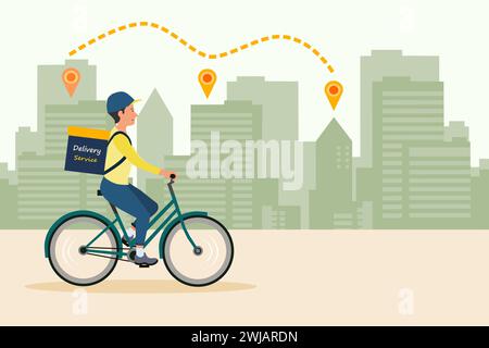 Kurier auf dem Fahrrad mit Paketkasten auf der Rückseite, der Essen in der Stadt liefert. Vektorillustration für das Konzept der schnellen Lieferung. Stock Vektor