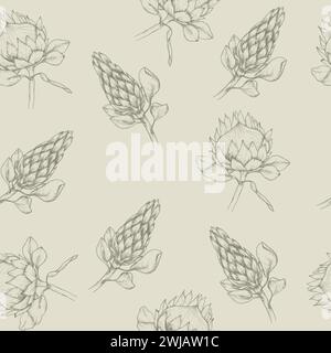 Nahtloses Vektor-Blumenmuster mit tropischen Protea-Blüten im Boho-Stil, Erdfarben. Kunstlinie, handgezeichnete Tinte afrikanischer Rosenhintergrund für Florist Stock Vektor