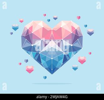 Mehrfarbiges polygonales Herz auf blauem Hintergrund, flache Vektorillustration Stock Vektor