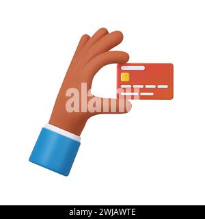3D-Cartoon-Hand eines Geschäftsmannes hält Debit- oder Kreditkarte. Konzept des kontaktlosen Zahlungsverkehrs oder Online-Shopping und Online-Banking. 3D-Rendering. Vektor Stock Vektor