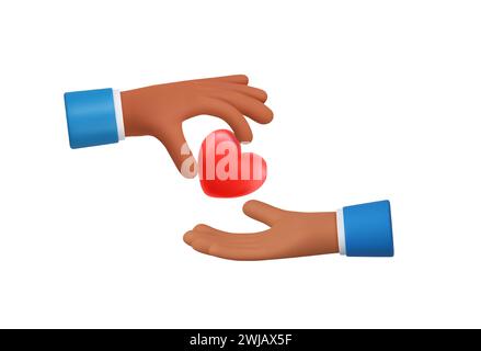 3D-Zeichentrickhand schenkt einem anderen das rote Herz. Social-Media-Konzept. 3D-Rendering. Vektorabbildung Stock Vektor