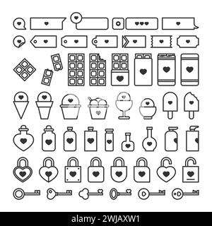 Black Valentine Outline Kollektion umfasst Bubble Chat, Schokolade, Eis, Trank, Vorhängeschloss, Taste. Stock Vektor
