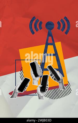 Kreative vertikale Collage mehrere Hände halten Smartphones versuchen, Internetverbindungssignal zu erfassen Moderne Gadget-Technologie drahtlose Antenne Stockfoto