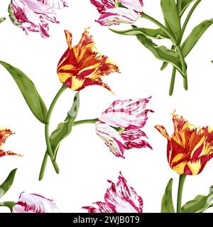 Nahtloses Frühlingsmuster mit hellen Tulpen. Abbildung des Materialvektors. Stock Vektor