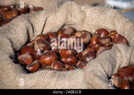 Schöne braune reife Kaldarroste oder Kastanien in einem Jutesack oder Beutel auf einem Street Food Markt, Nahaufnahme Stockfoto