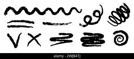 Handgezeichnete schwarze Holzkohle-Linien und Squiggle-Set. Vektorwellenlinie, Häkchen, Wirbel und Schlieren, isoliert auf weiß. Naive Doodle Sketchy Lines Pack. Kindliches, Doodle-freies Zeichnen. Stock Vektor