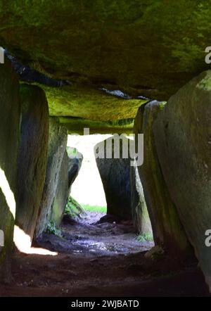 Das Innere des Mougau Bihan ist ein späteres neolithisches Passagegrab, Allee Courverte, 3.000 v. Chr., in der Nähe des Dorfes Commana, Finistere, Bretagne Bretagne, Frankreich Stockfoto