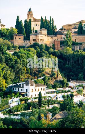 Vertikale Aufnahme der Alhambra mit üppigem Laub und weißen Gebäuden darunter Stockfoto
