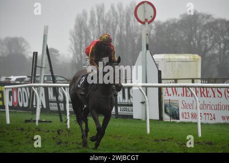 Fontwell, Großbritannien. Am 14. Februar 2024 gewinnt Art Decco, geritten von Harry Kimber, den 2,50 im Fontwell Park. Stockfoto