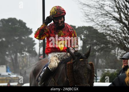 Fontwell, Großbritannien. Am 14. Februar 2024 gewinnt Art Decco, geritten von Harry Kimber, den 2,50 im Fontwell Park. Stockfoto