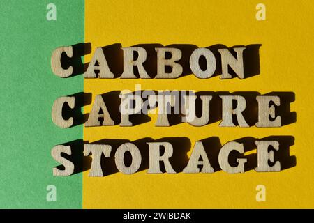 CCS, Abkürzung für Carbon Capture Storage und Wörter in hölzernen Buchstaben, isoliert auf grünem und gelbem Hintergrund als Bannerüberschrift Stockfoto