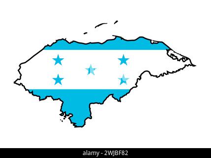 Schwarze Silhouettenkarte von Honduras auf weißem Hintergrund mit eingefasster Nationalflagge Stockfoto