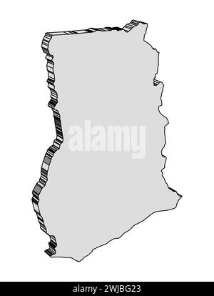 Silhouette 3D-Umrisskarte des afrikanischen Landes Ghana isoliert auf weißem Hintergrund Stockfoto