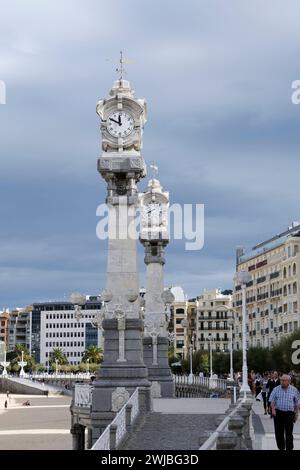 Verzierte Uhr und Barometer auf der Promenade neben dem Strand La Concha in Donostia, San Sebastián, Autonomes Baskenland, Spanien, Europa Stockfoto