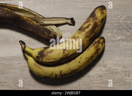 Bild von zwei alten Bananen mit Flecken auf der Schale. Stockfoto