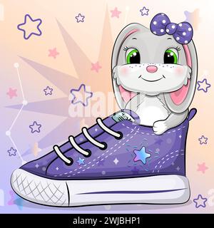 Ein süßes graues Karikaturkaninchen mit einem Sneaker. Vektorillustration eines Tieres auf einem bunten Hintergrund mit Sternen. Stock Vektor
