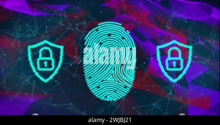 Abbildung eines Netzes von Verbindungen mit biometrischen Fingerabdrücken und Online-Sicherheitsvorhängeschlössern Stockfoto
