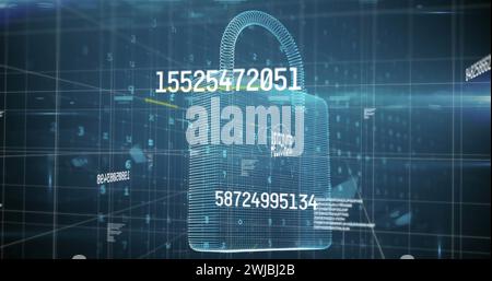 Abbildung von Zahlen, die die Datenverarbeitung mit Online-Sicherheits-Vorhängeschloss und -Gitter verändern Stockfoto