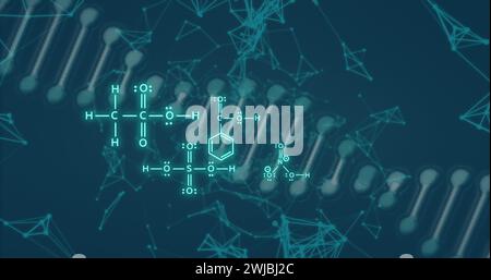 Bild des dna-Strangs und der wissenschaftlichen Datenverarbeitung auf schwarzem Hintergrund Stockfoto