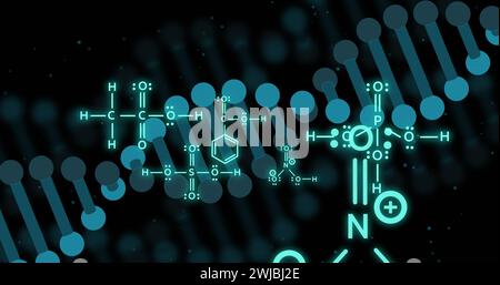 Bild des dna-Strangs und der wissenschaftlichen Datenverarbeitung auf schwarzem Hintergrund Stockfoto