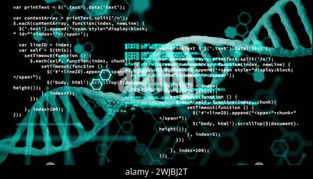 Bild des dna-Strangs und der wissenschaftlichen Datenverarbeitung auf schwarzem Hintergrund Stockfoto