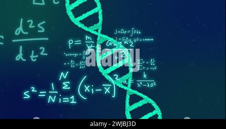 Bild des dna-Strangs und der wissenschaftlichen Datenverarbeitung auf schwarzem Hintergrund Stockfoto