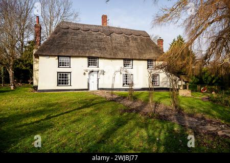 Wickhambrook, Suffolk - Januar 212 2020: Traditionelles freistehendes Bauernhaus mit Strohdach Stockfoto