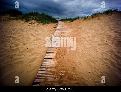 S/W-Bild des hölzernen Weges zum Haus am Coatham Beach Redcar Stockfoto