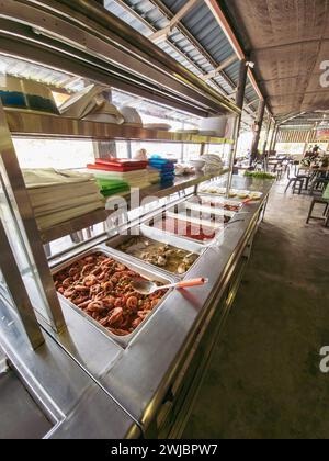 Selektiver Fokus große Auswahl an asiatischen Gerichten, Economy Reis oder gemischtem Reis (gekochte Speisen, einschließlich Fleisch, Gemüse, Eier und Tofu). Stockfoto