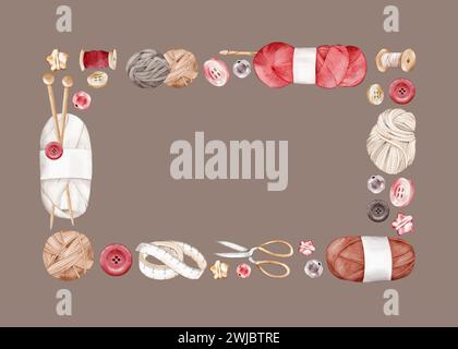 Aquarellrahmen mit Garnknäueln, Wollkugeln, Zentimeterband, Knöpfen, Perlen, Schere, Stricknadeln, Spule. Vorlage zum Stricken von Blogs Stockfoto