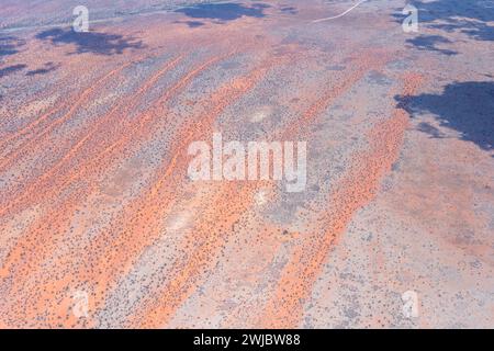 Luftlandschaft mit roten Dünenstreifen in der Kalahari-Wüste, aufgenommen von einem Segelflugzeug im hellen Licht des späten Frühlings westlich von Stampriet, Namibia, Afrika Stockfoto