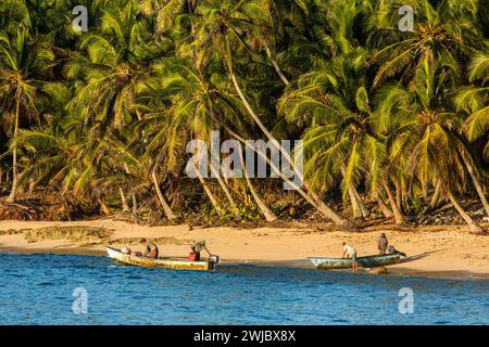 Vier Fischer bereiten sich darauf vor, ihre Boote am frühen Morgen in der Bucht von Samana in der Nähe von Samana in der Dominikanischen Republik zu starten. Palmen säumen das Ufer. Stockfoto