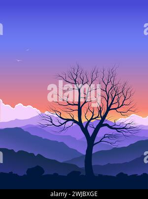 Lila Berglandschaft mit riesigen Bäumen Stock Vektor