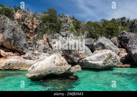 Kristallklares Wasser im Karibischen Meer in der Bucht der Adler, Jaragua Nationalpark, Dominikanische Republik. Wüstenklima mit Kakteen und Dornen Stockfoto