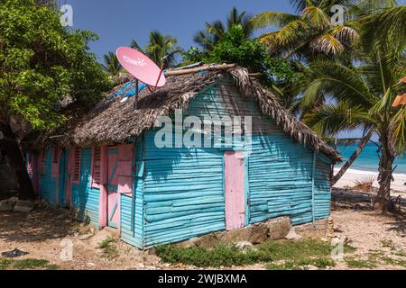Ein kleines, traditionelles Holzplattenhaus mit einem Rpalmenreetdach und Satellitenschüssel in der ländlichen Dominikanischen Republik. Stockfoto