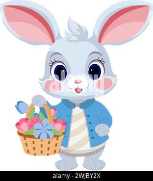 Vektorabbildung. Karikaturkaninchen mit Blumen in einem Korb Stock Vektor