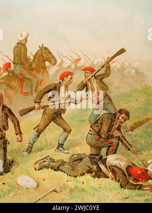 Geschichte Spaniens. Erster Karlistenkrieg (1833–1840). Der karlistische General Ramón Cabrera (1806–1877) und seine Armee kamen nach Frankreich. Illustration von J. Alaminos. Details. Chromolithographie. "Historia de la Guerra Civil y de los Partidos Liberal y Carlista" (Geschichte des Bürgerkriegs und der liberalen und karlistischen Parteien). Band III 1891. Stockfoto