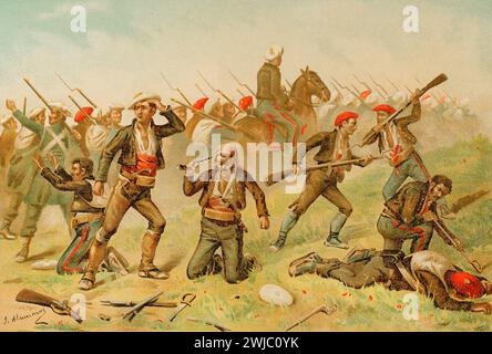 Geschichte Spaniens. Erster Karlistenkrieg (1833–1840). Der karlistische General Ramón Cabrera (1806–1877) und seine Armee kamen nach Frankreich. Illustration von J. Alaminos. Chromolithographie. "Historia de la Guerra Civil y de los Partidos Liberal y Carlista" (Geschichte des Bürgerkriegs und der liberalen und karlistischen Parteien). Band III 1891. Stockfoto