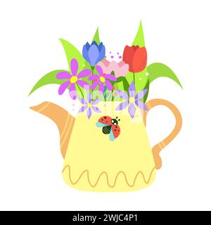Vase mit Frühlingsblumen. Bunt blühendes botanisches Element für Designs. Illustration des flachen Vektors auf weißem Hintergrund isoliert Stock Vektor