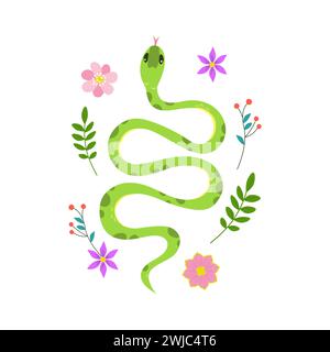 Süße grüne Schlange, umgeben von Frühlingsblumen. Kawaii-Figur im Cartoon-Stil von oben. Abbildung isoliert auf weißem Hintergrund Stock Vektor